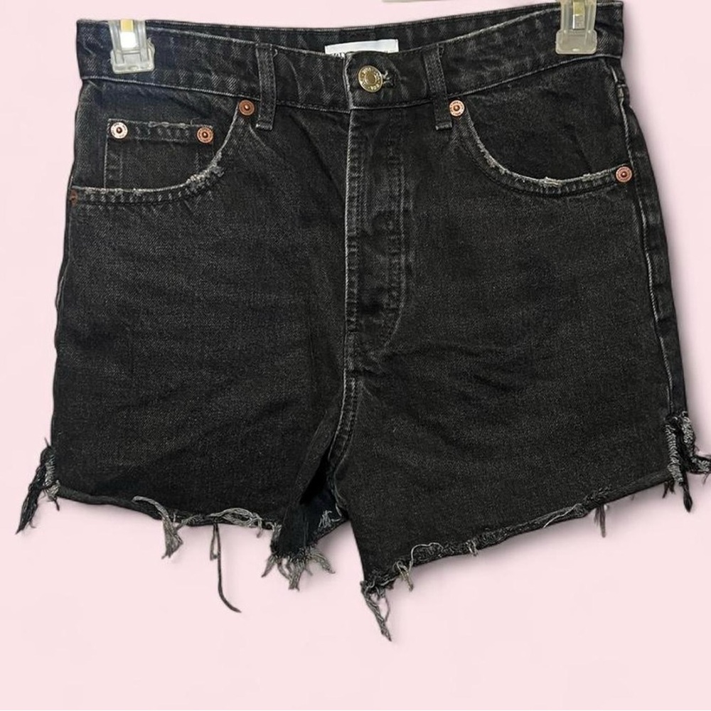 Zara black denim shorts with frayed hem